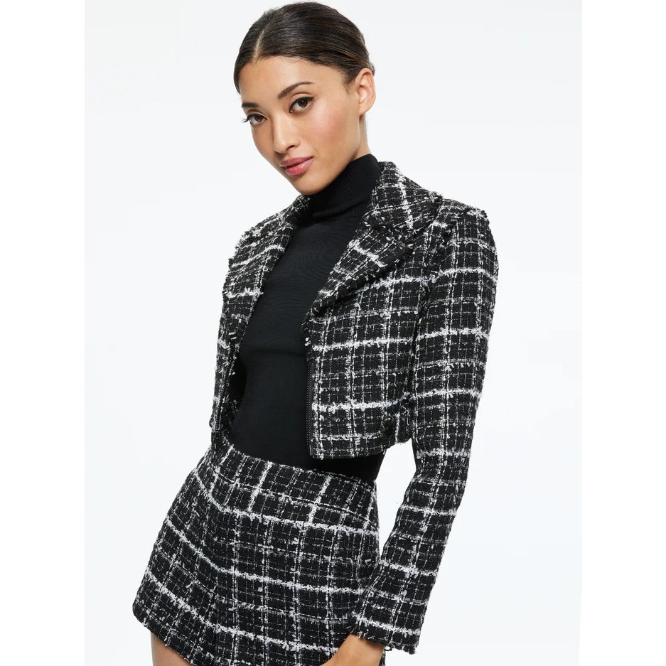 Alice + Olivia Yardley Cropped Tweed Fray-Hem Jacket Black White Medium Chic New